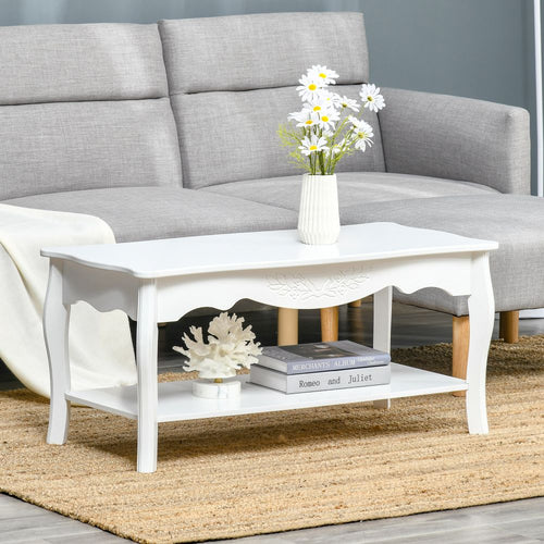 Modern White Coffee Table with Curved Legs & Storage Shelf - 94x44x42 cm