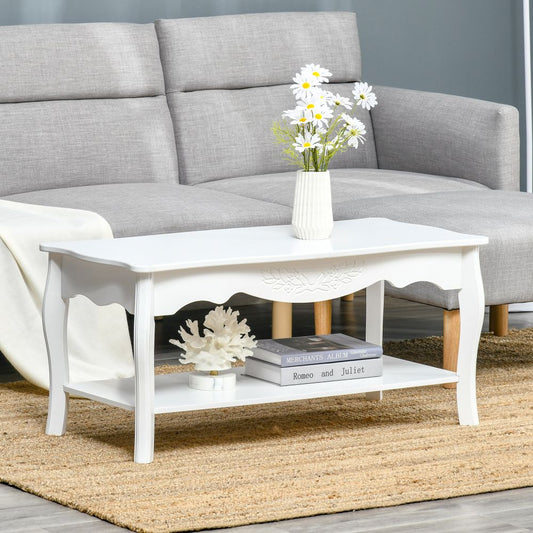 Modern White Coffee Table with Curved Legs & Storage Shelf - 94x44x42 cm