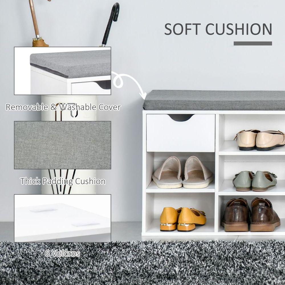 Stylish HOMCOM Shoe Storage Bench with Cushion & Adjustable Shelves - White/Grey