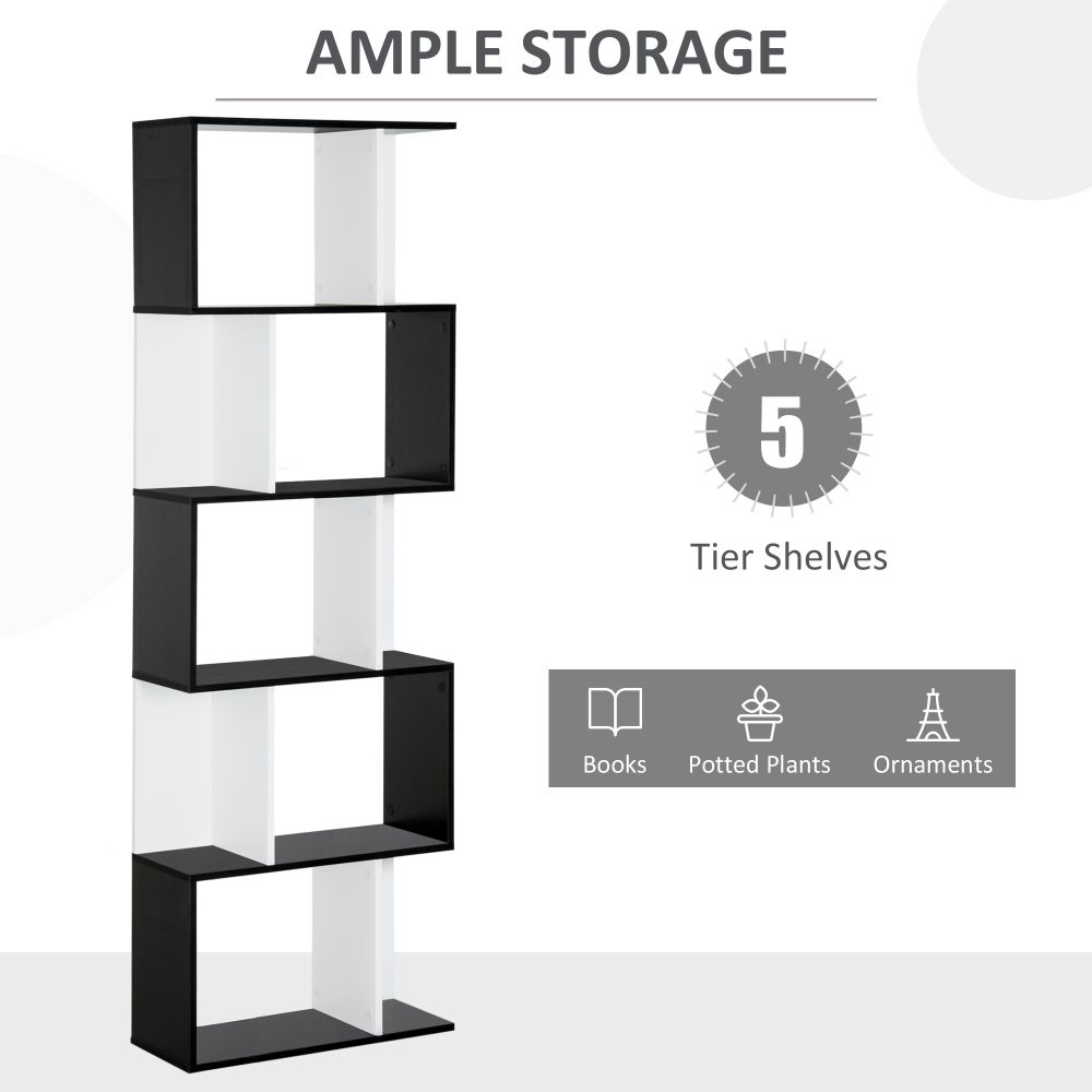 Stylish 5-Tier S-Shape Bookcase - Versatile Shelf & Room Divider in Black