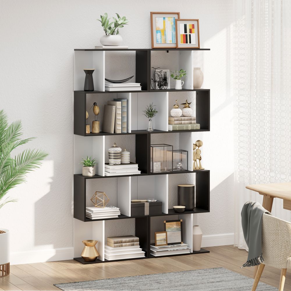 Stylish 5-Tier S-Shape Bookcase - Versatile Shelf & Room Divider in Black