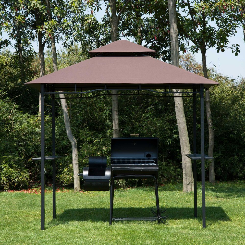 Outsunny 8ft Double-Tier BBQ Gazebo Tent with Shelves & Built-In Opener