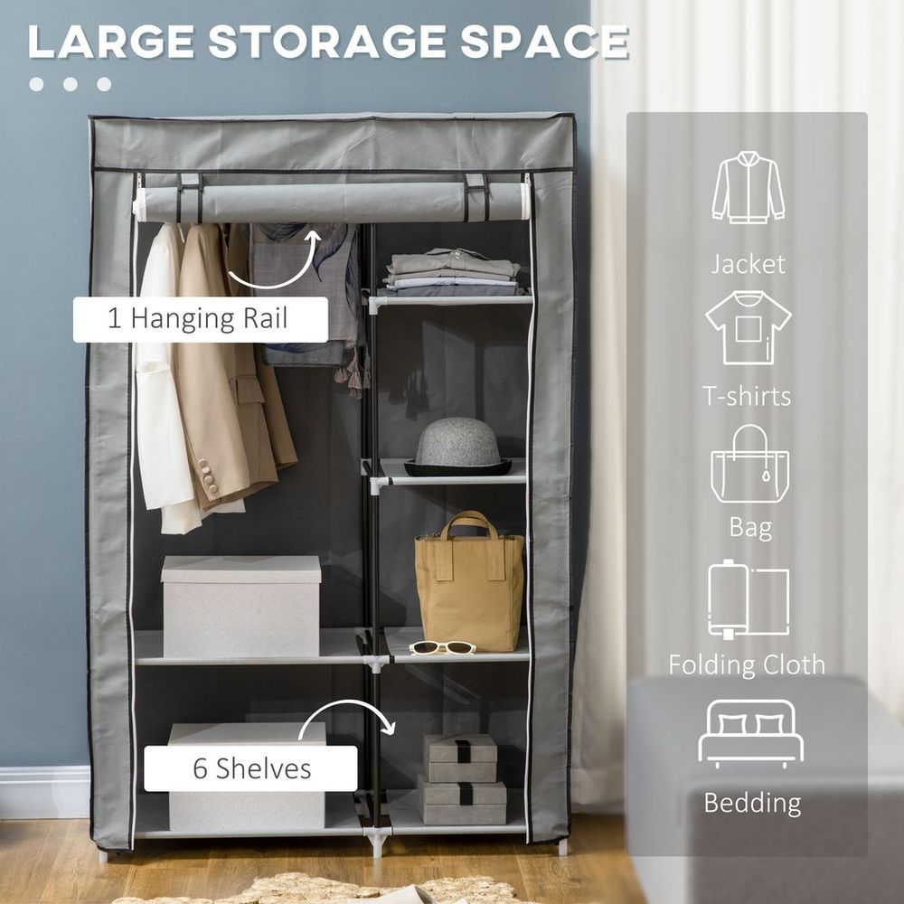 Light Grey Portable Fabric Wardrobe with 6 Shelves & Hanging Rail - Multi-Storage