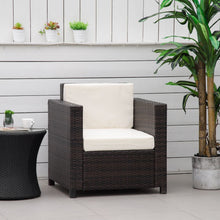 Load image into Gallery viewer, Cozy Rattan Garden Armchair - Fire-Resistant with Plush Cushions &amp; Supportive Design
