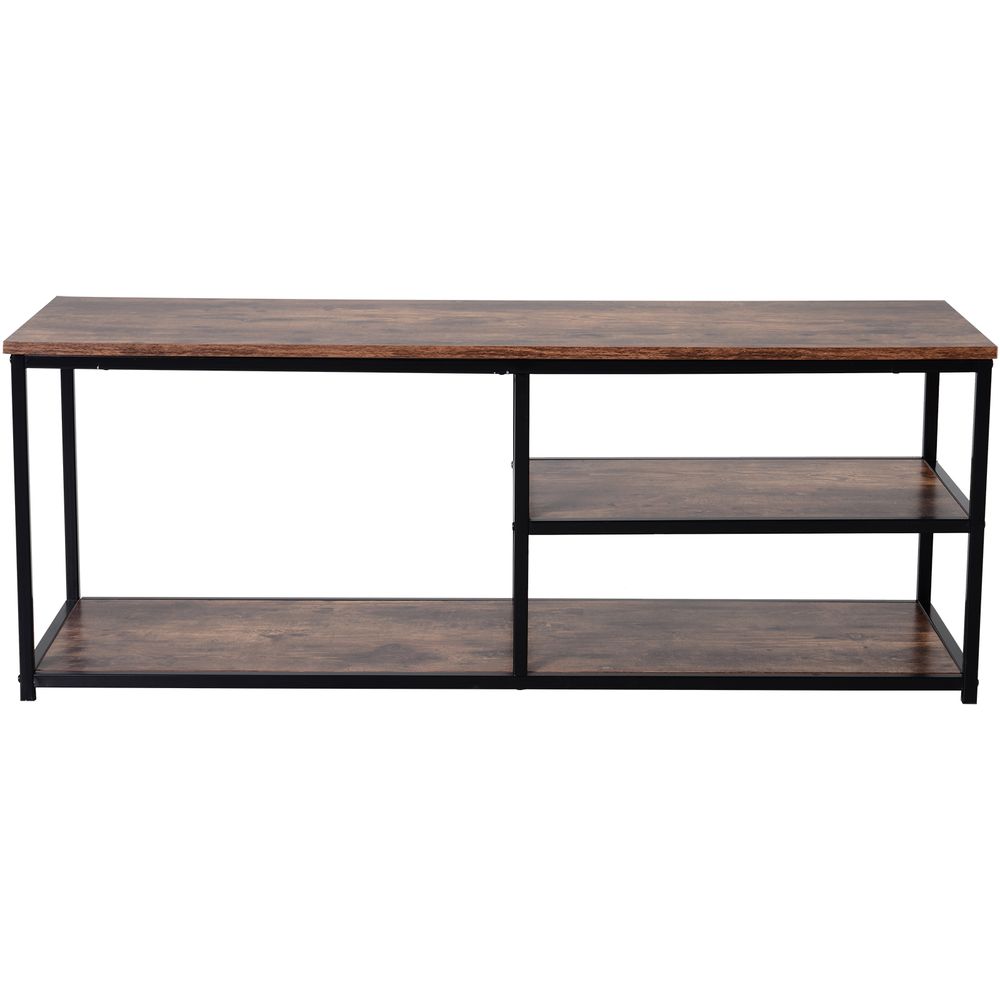 Industrial Elegance: Black & Brown Steel Frame TV Stand with Multi-Level Storage