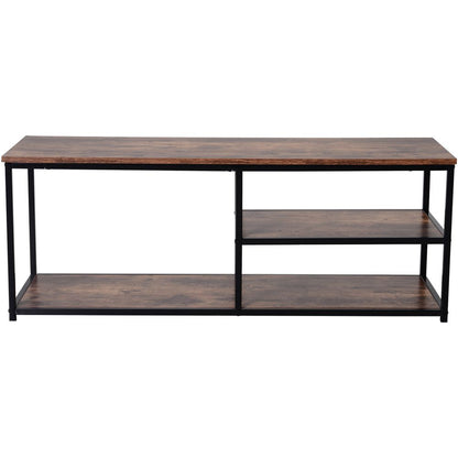 Industrial Elegance: Black & Brown Steel Frame TV Stand with Multi-Level Storage