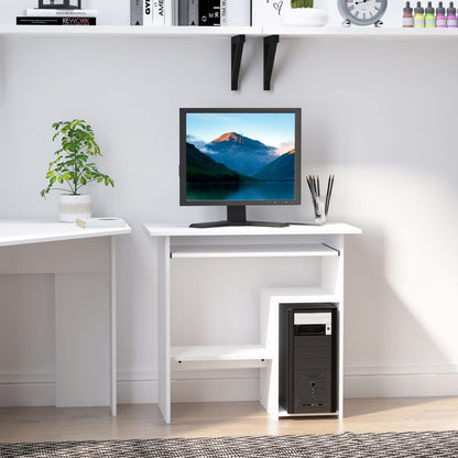 Modern Compact Computer Desk with Slide-Out Keyboard Tray – White Finish
