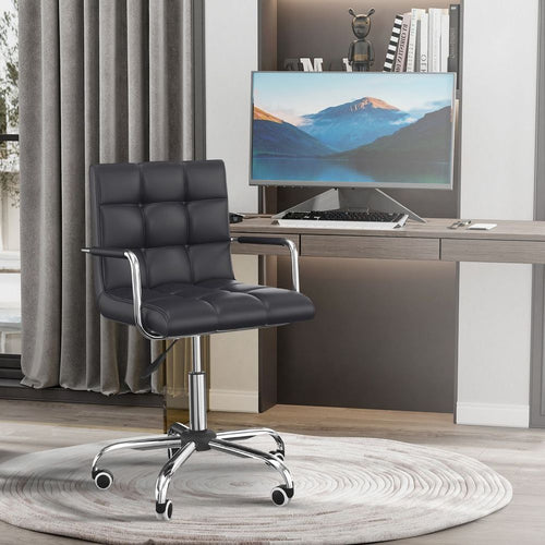 Stylish Mid-Back PU Leather Swivel Desk Chair with Armrests - Black