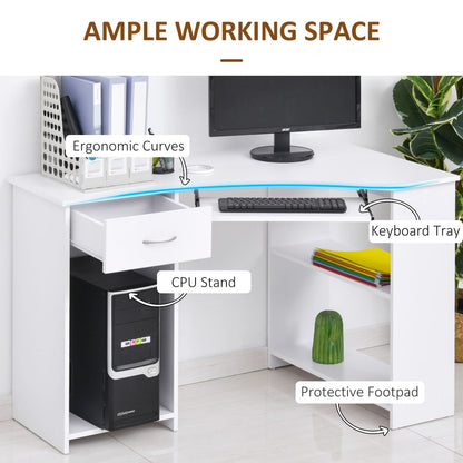 Compact L-Shaped Corner Desk with Shelves & Keyboard Tray - Modern White