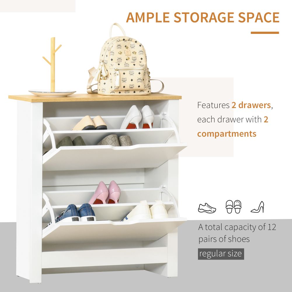 Stylish HOMCOM 12-Pair Shoe Storage Cabinet with 4 Shelves & 2 Drawers - White
