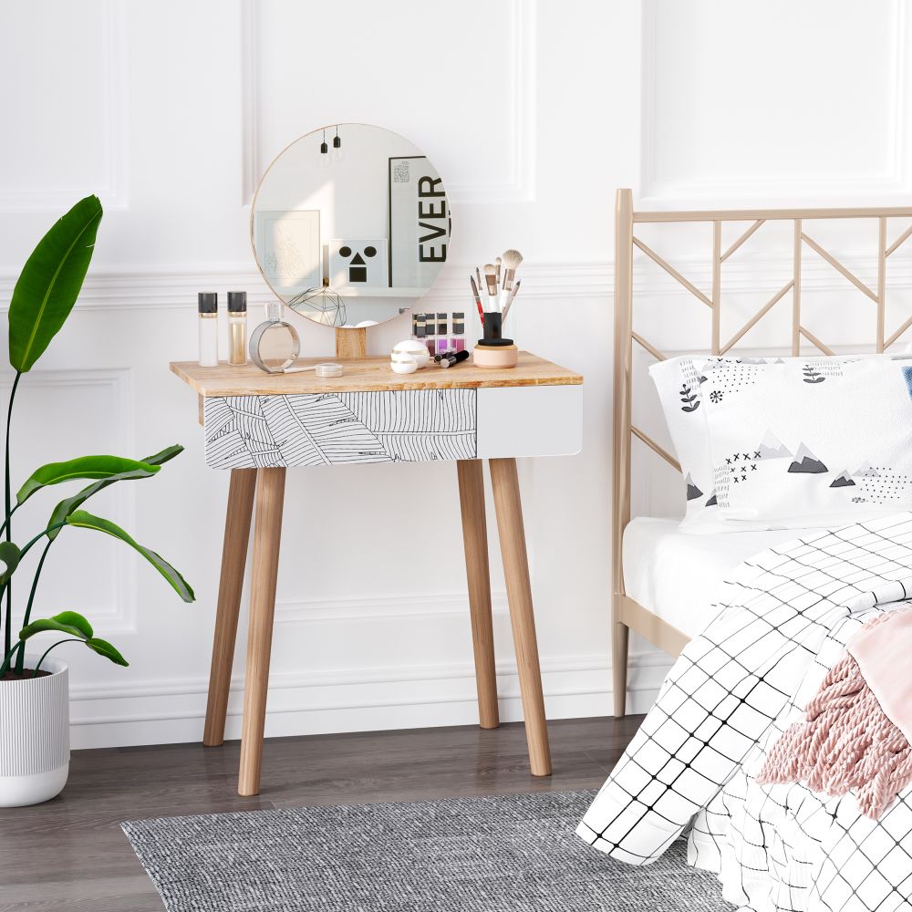 Nordic Elegance Wooden Dressing Table with Round Mirror & Spacious Drawer