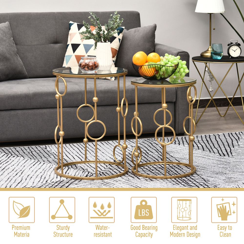 Elegant Gold Nesting Coffee Table Set with Glass Tops - Modern Chic Design