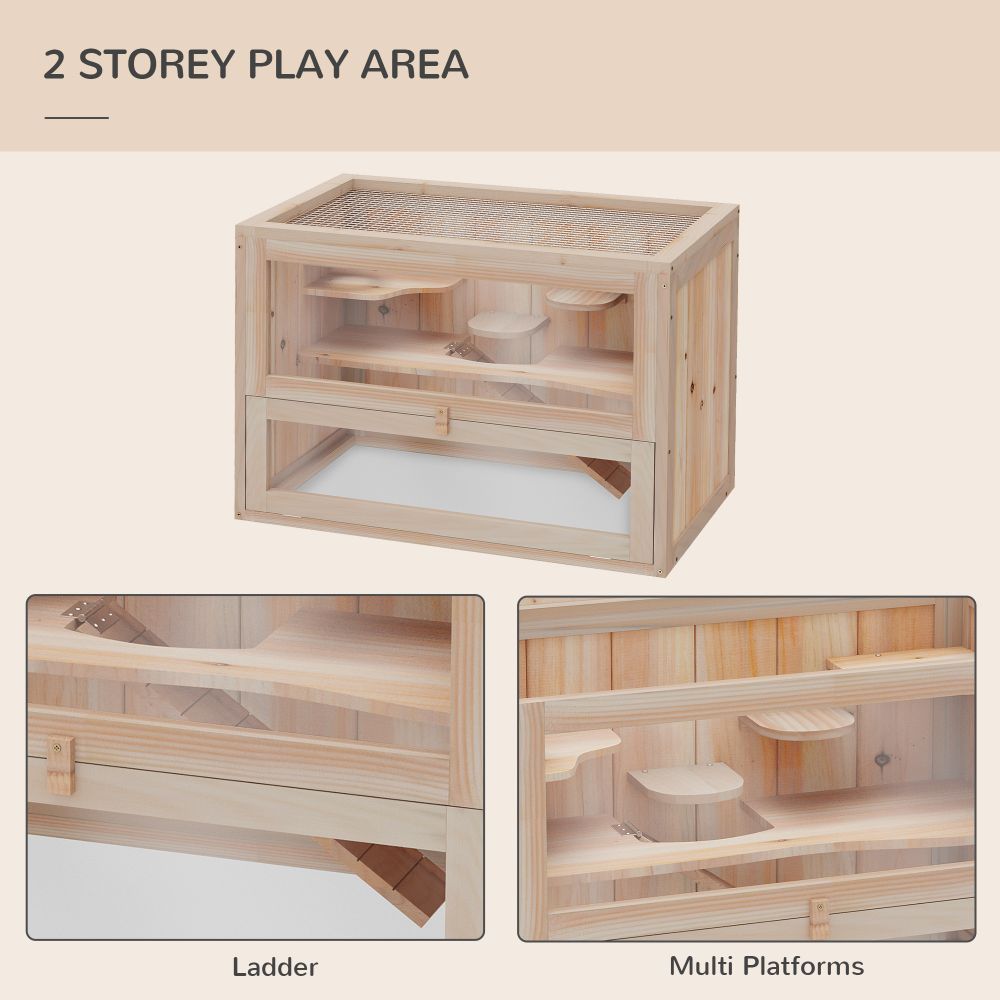 Deluxe 2-Level Wooden Hamster Cage with Ramp & Ventilated Sunroof - 60x35cm