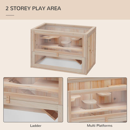 Deluxe 2-Level Wooden Hamster Cage with Ramp & Ventilated Sunroof - 60x35cm