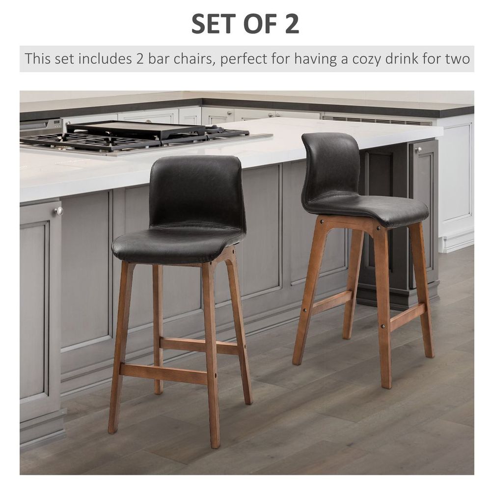 Chic Faux Leather Bar Stool Set - 93cm High Back, Brown Wooden Frame, 2 Pieces