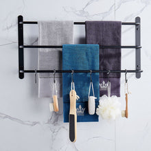 Load image into Gallery viewer, THREE Stagger Layers Towel Rack Upgraded with SIX Movable Hooks Stainless Steel Towel Bars Bathroom Accessories Set for Hanging Bath Sponge and Towels Matte Black 23.62 inches KJWY005HEI-60CM
