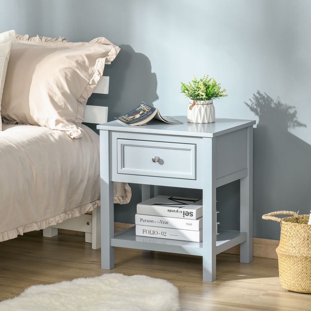 Stylish Grey Boxy Nightstand with Drawer - Modern Bedside Table for Essentials