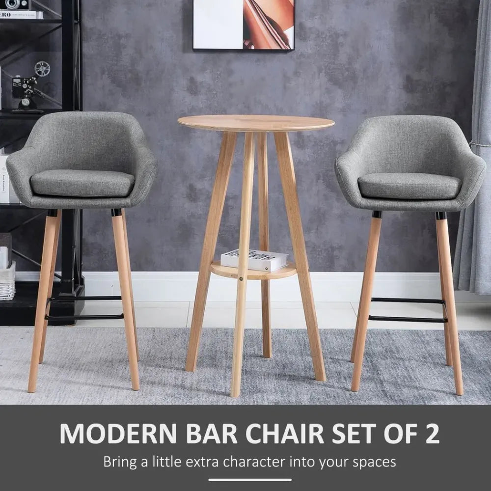 Chic Modern Grey Fabric Bar Stools - Set of 2 with Solid Wood Legs