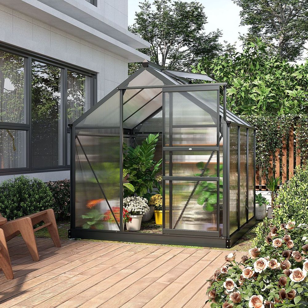 6x6ft Polycarbonate Garden Greenhouse with Aluminium Frame & Sliding Door