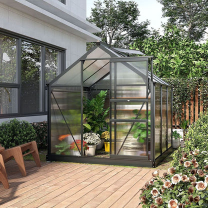 6x6ft Polycarbonate Garden Greenhouse with Aluminium Frame & Sliding Door
