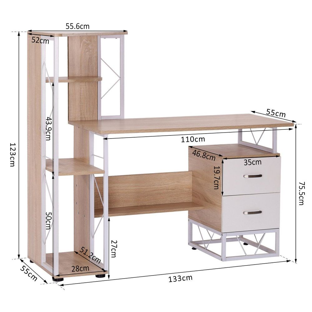 Elegant Oak & White Workstation Desk with Dual Drawers and Multi-Shelves
