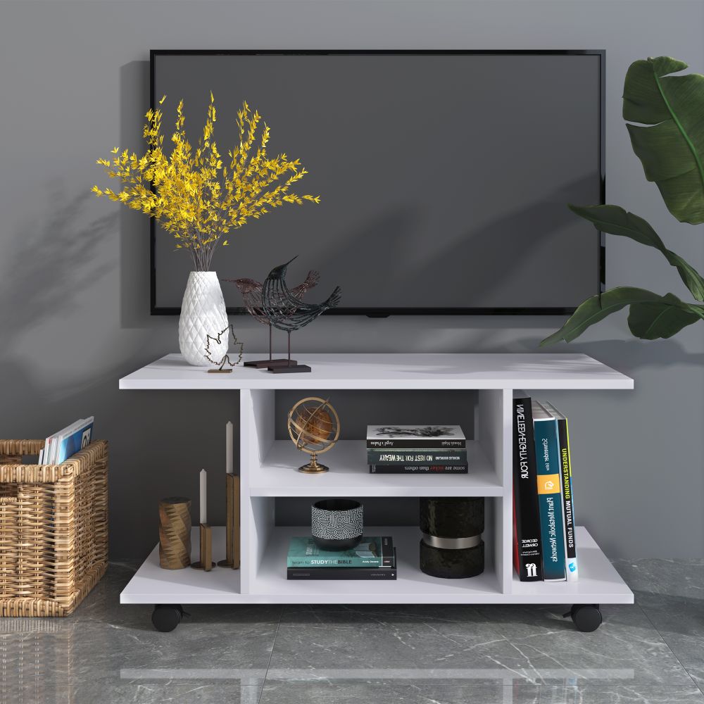 Modern White TV Stand & Bookshelf Cabinet with 3 Tiers and Rolling Wheels