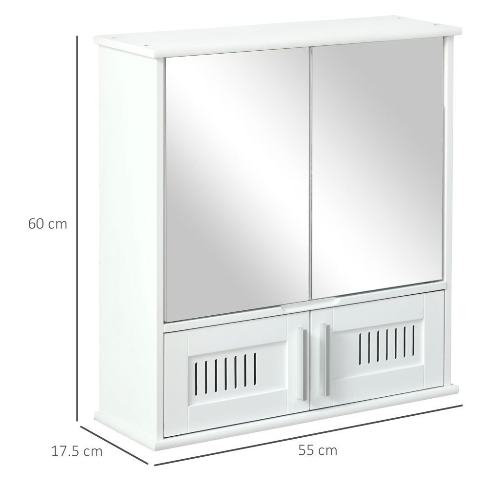 White Wall-Mounted Bathroom Mirror Cabinet with Double Doors & Storage