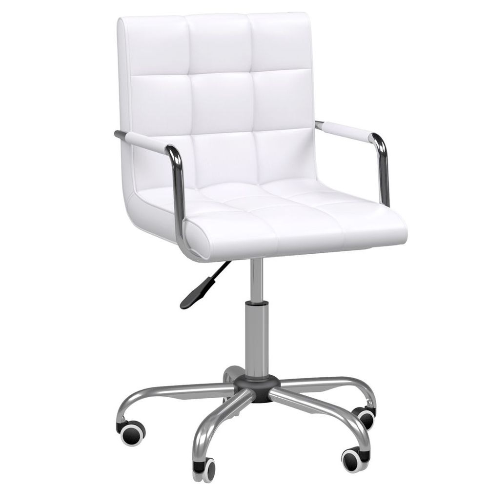 Stylish White Mid Back PU Leather Swivel Desk Chair with Armrests & Wheels
