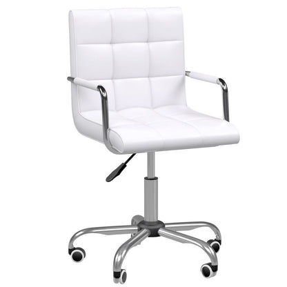 Stylish White Mid Back PU Leather Swivel Desk Chair with Armrests & Wheels