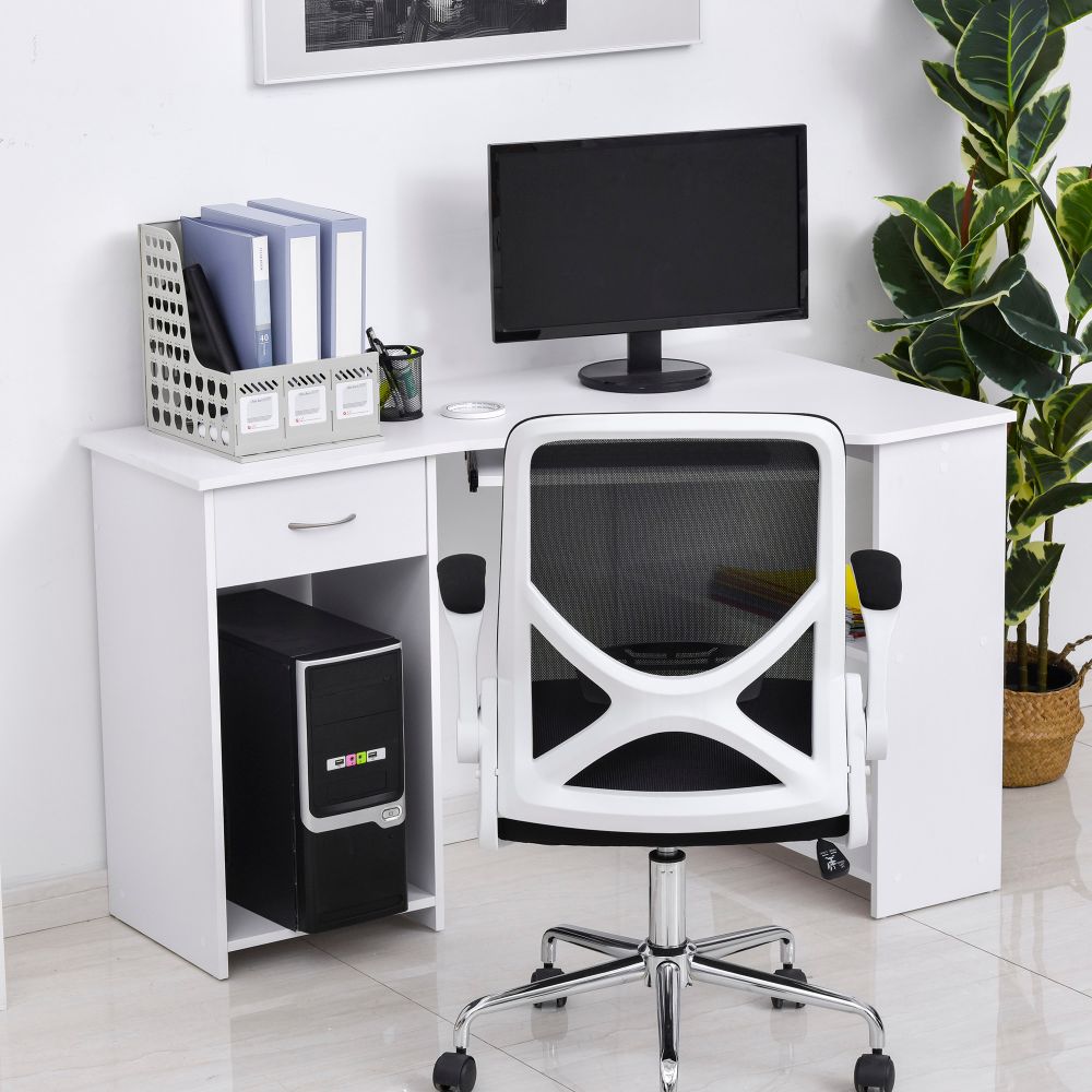 Compact L-Shaped Corner Desk with Shelves & Keyboard Tray - Modern White