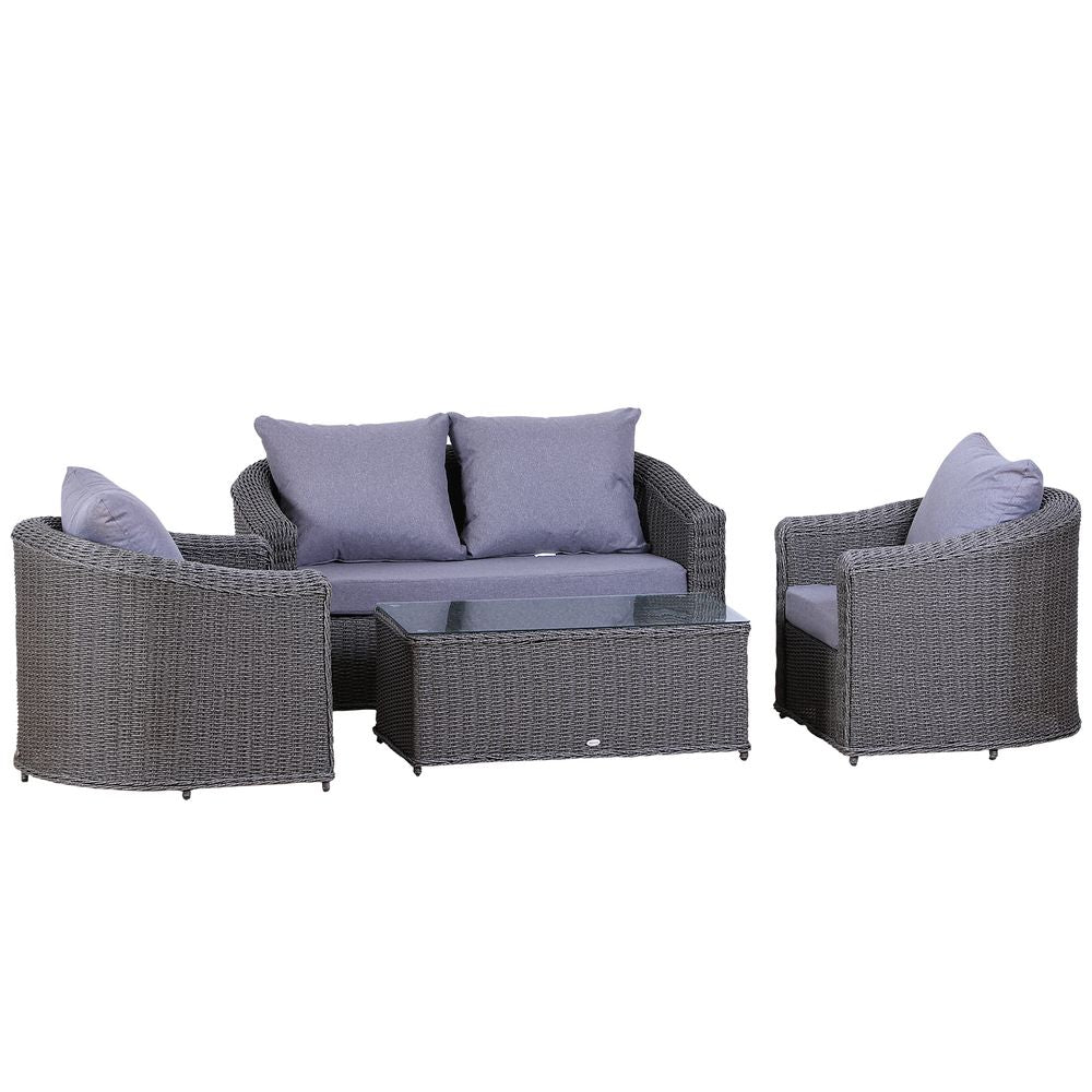 Outsunny 4-Seater Grey Rattan Garden Sofa Set with Cushions & Glass Table