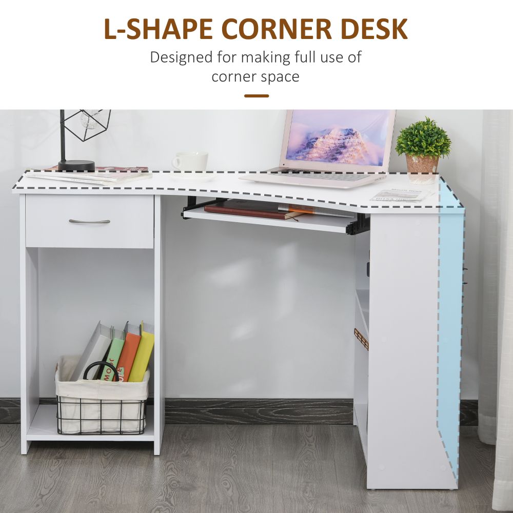 Compact L-Shaped Corner Desk with Shelves & Keyboard Tray - Modern White