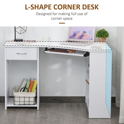 Compact L-Shaped Corner Desk with Shelves & Keyboard Tray - Modern White