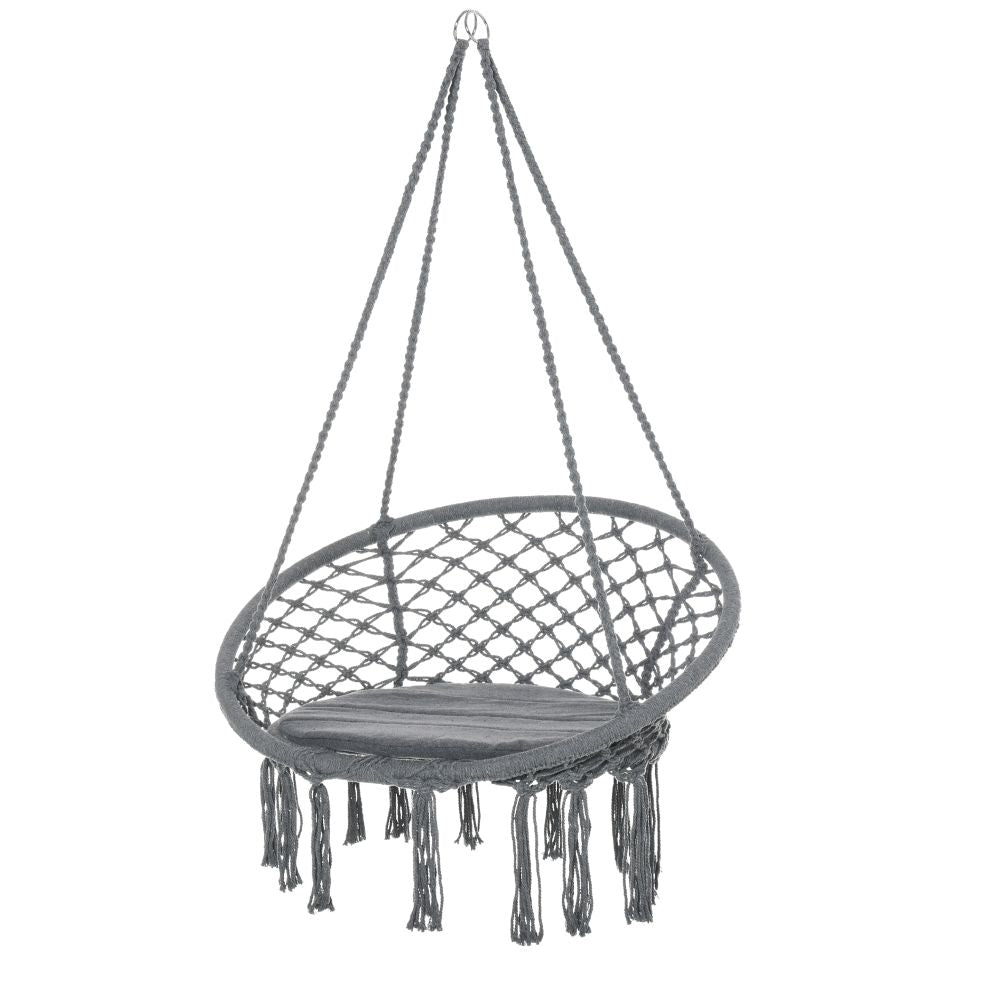 Cozy Bohemian Macrame Swing Chair with Padded Cushion & Stylish Tassels - Grey
