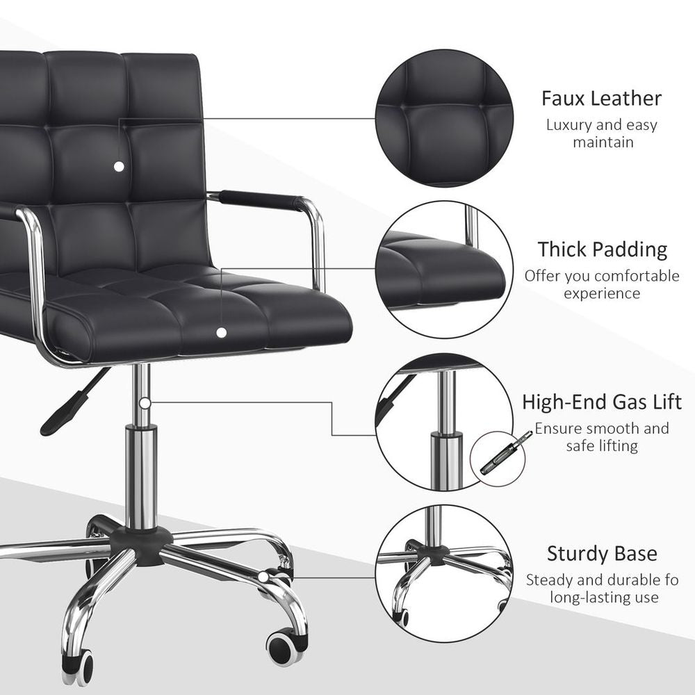 Stylish Mid-Back PU Leather Swivel Desk Chair with Armrests - Black