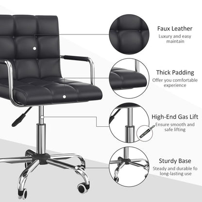 Stylish Mid-Back PU Leather Swivel Desk Chair with Armrests - Black