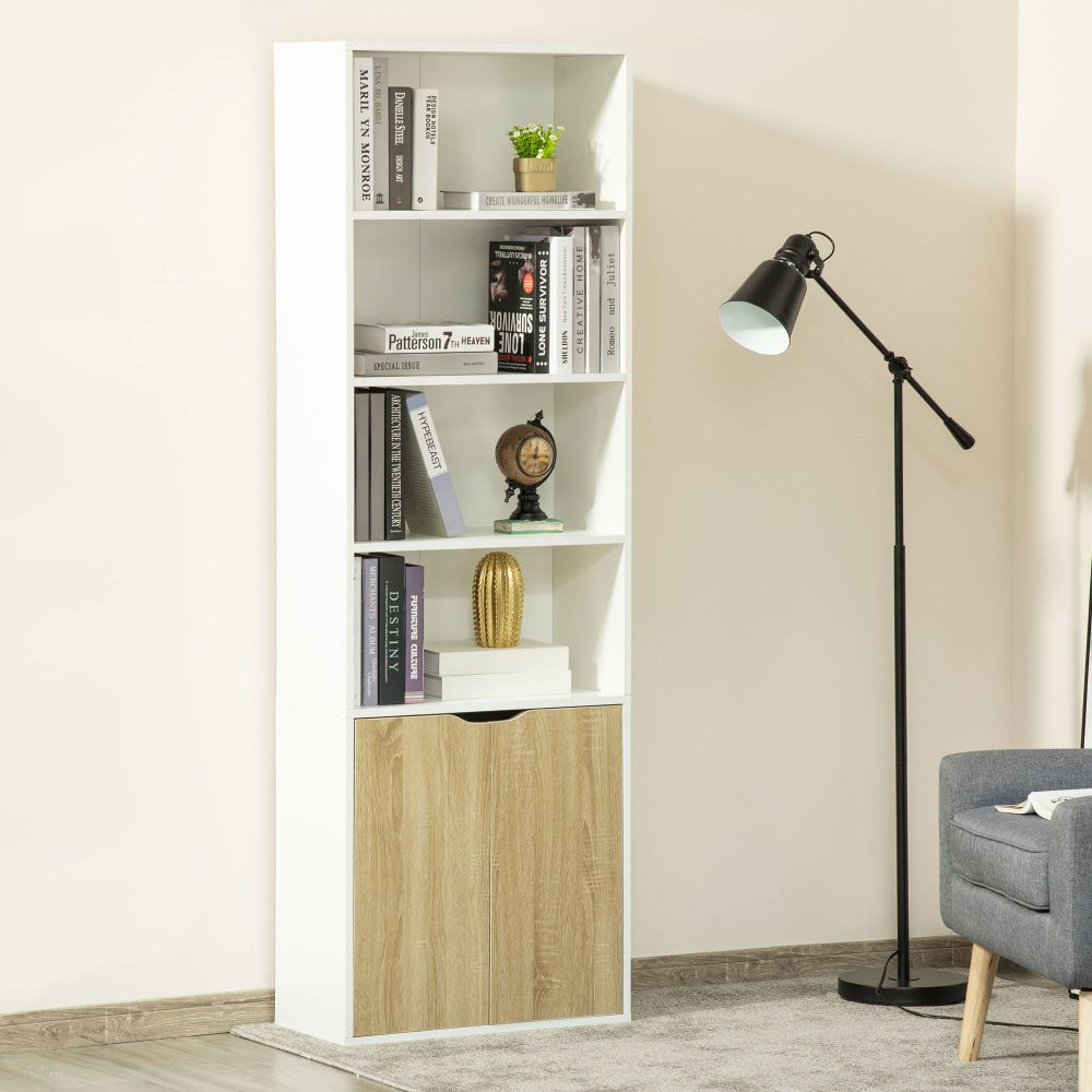 Elegant White & Oak Tall Bookcase with 2 Doors and 4 Shelves for Stylish Storage