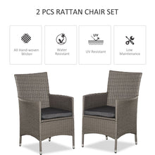 Load image into Gallery viewer, Stylish Grey Rattan 2-Seater Outdoor Dining Chairs with Cushions &amp; Armrests

