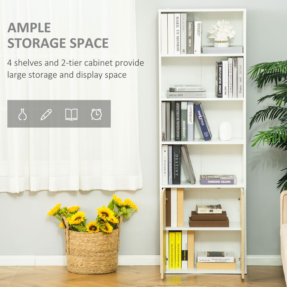 Elegant White & Oak Tall Bookcase with 2 Doors and 4 Shelves for Stylish Storage
