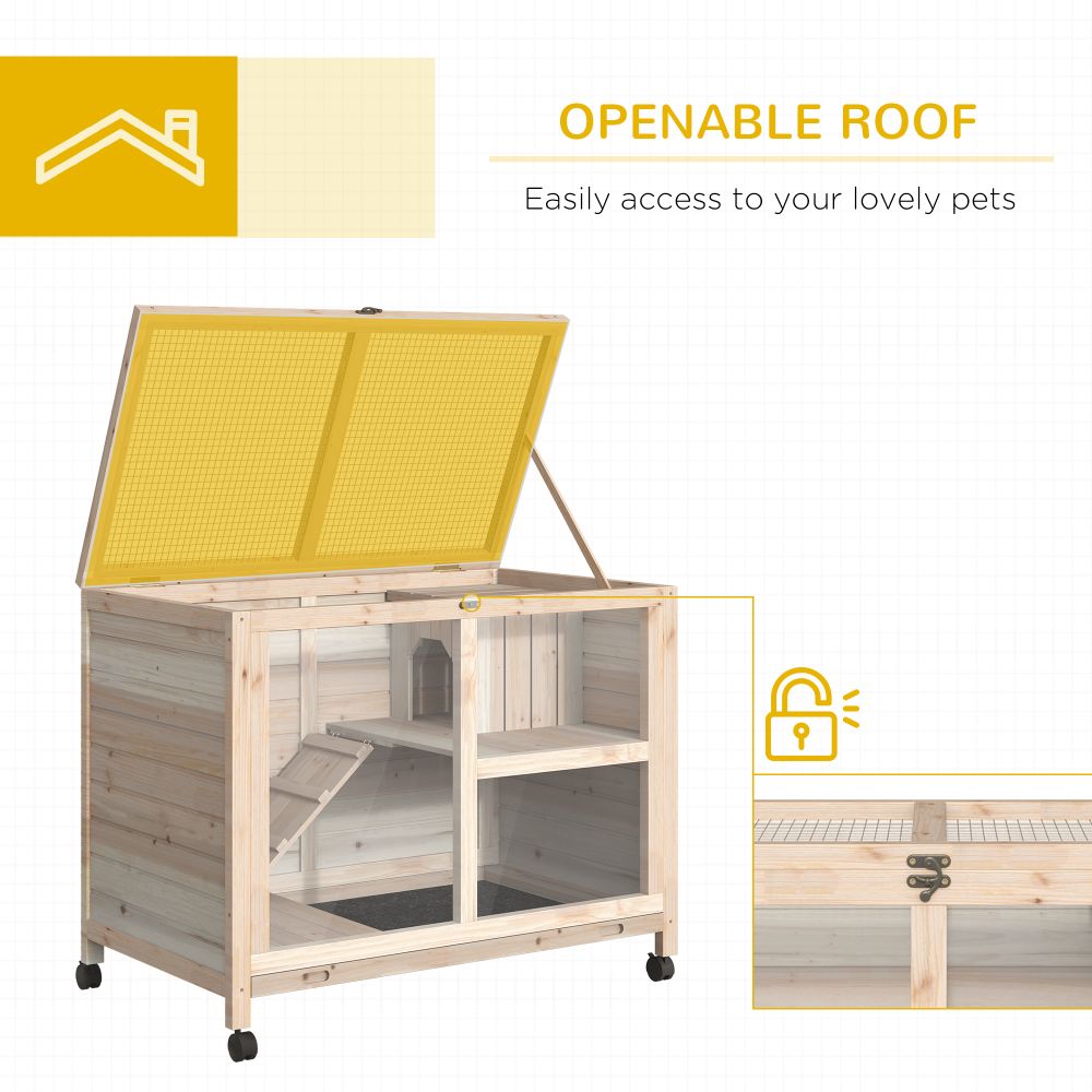 Natural Indoor Rabbit & Guinea Pig Hutch with Openable Roof and Wheels