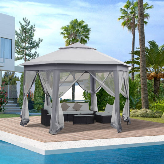 Luxurious 4x4m Hexagon Gazebo with Mesh Netting - Easy Setup & Sturdy Design