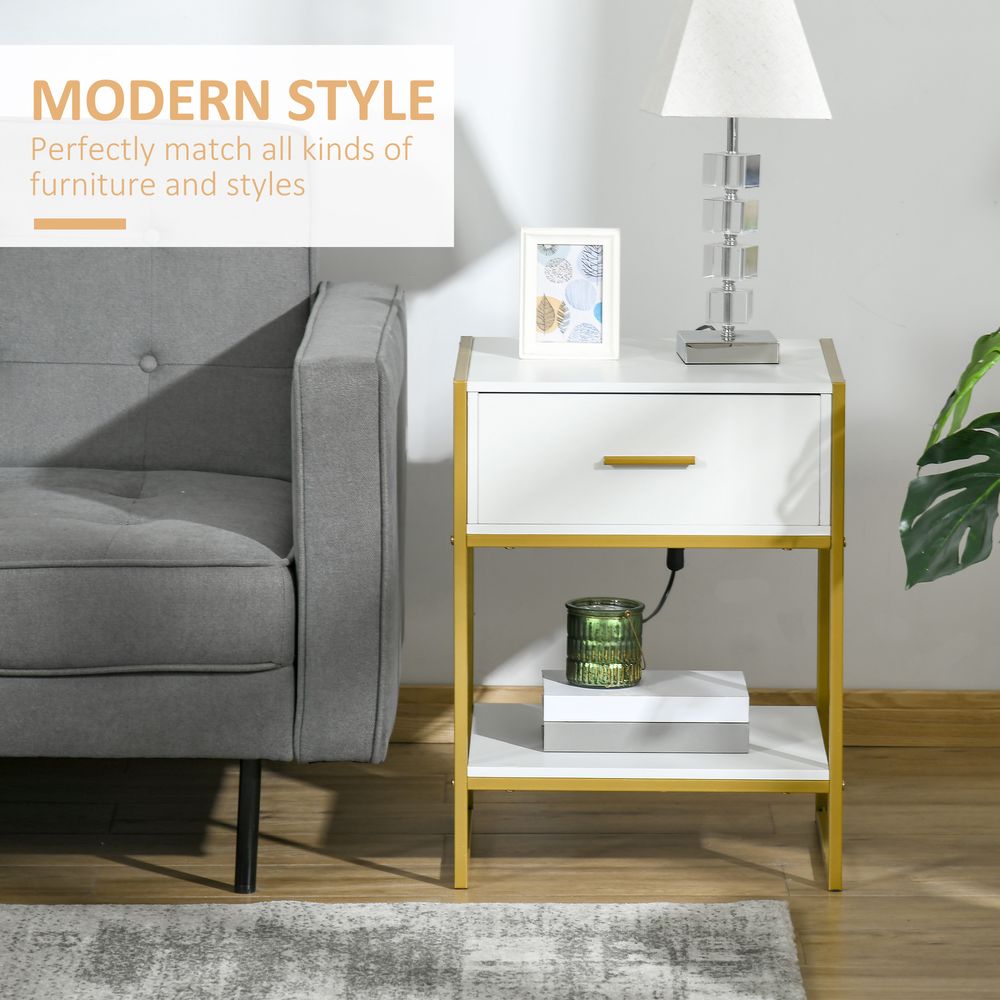 Chic Gold & White Nightstand with Drawer - Modern Storage Solution