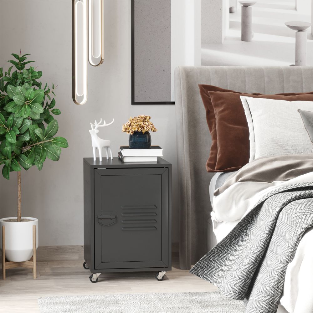 Industrial Chic Rolling Bedside Table with Adjustable Storage and Metal Door
