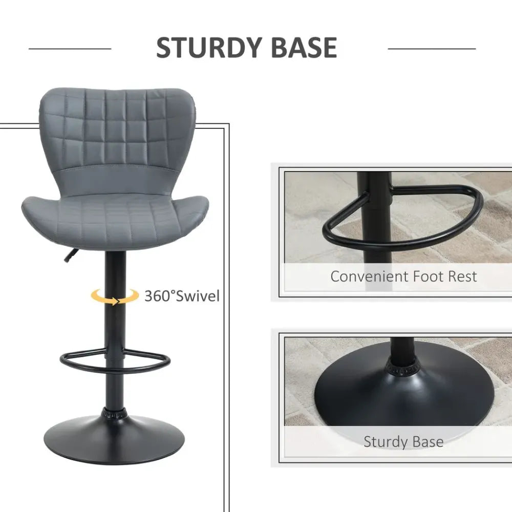 Stylish Grey Adjustable Height Swivel Bar Stools - Set of 2 with Footrest