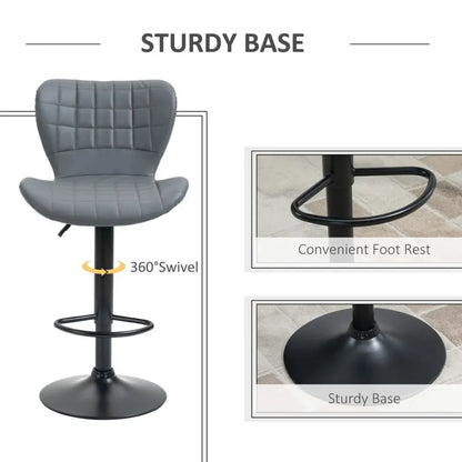 Stylish Grey Adjustable Height Swivel Bar Stools - Set of 2 with Footrest
