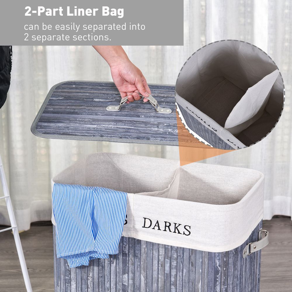 Double Section Bamboo Laundry Hamper with Removable Lining & Easy Handles