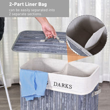 Load image into Gallery viewer, Double Section Bamboo Laundry Hamper with Removable Lining &amp; Easy Handles
