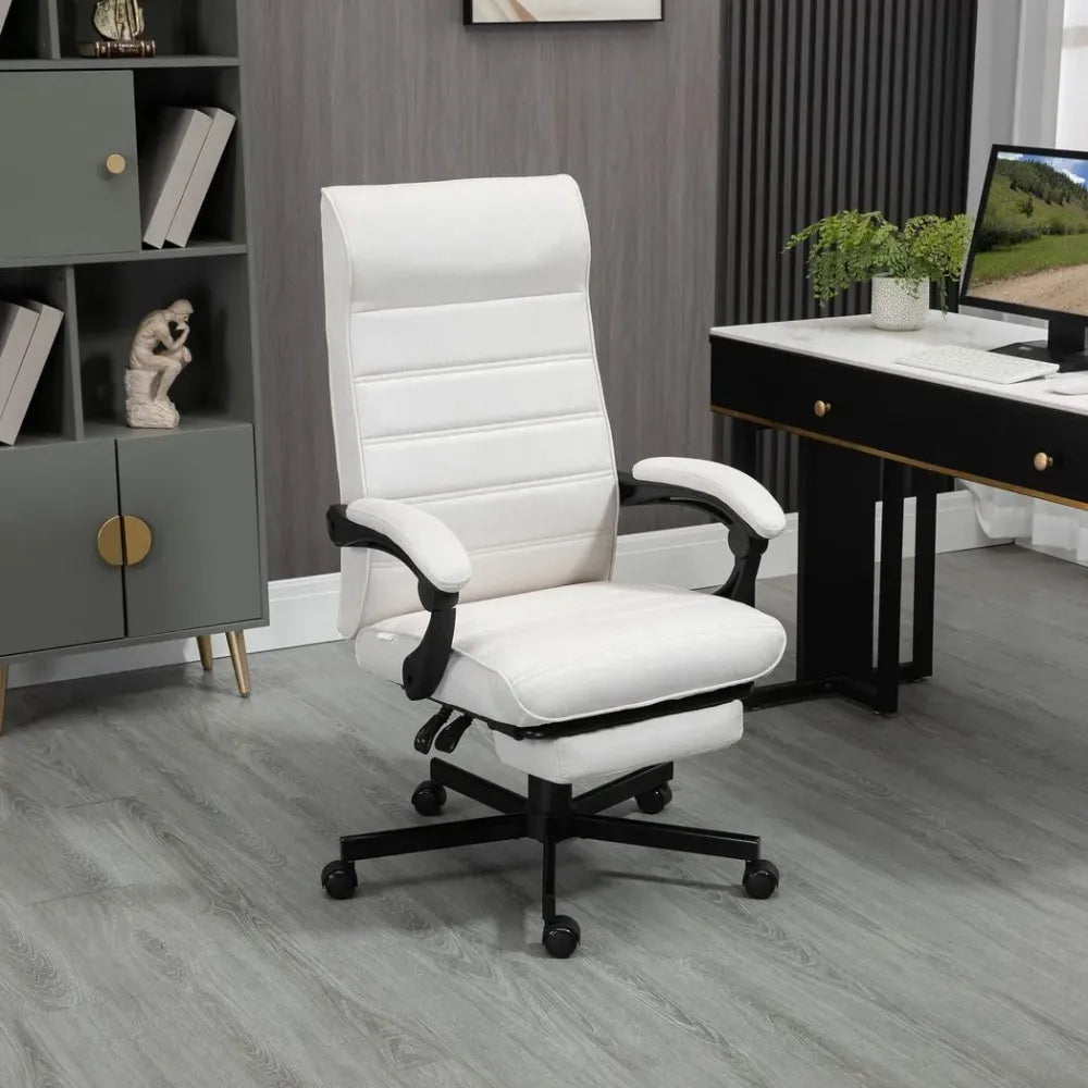 Elegant White High-Back Reclining Office Chair with Footrest - Comfort & Style