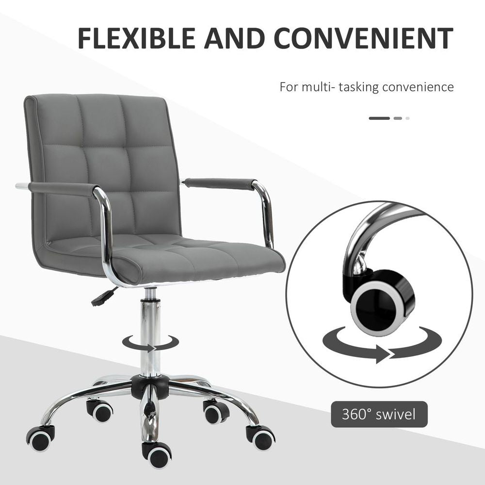Modern Grey PU Leather Swivel Desk Chair with Armrests - Home Office Comfort