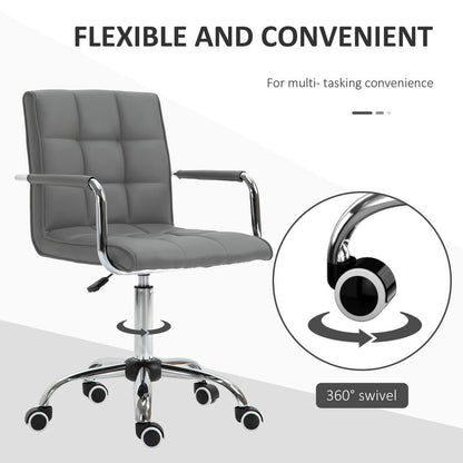 Modern Grey PU Leather Swivel Desk Chair with Armrests - Home Office Comfort